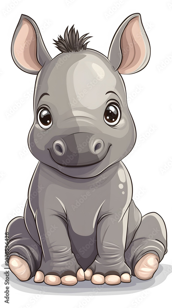 Cartoon illustration of a cute rhino character in a playful, wildlife-themed setting with other animals Cartoon illustration of a cute rhino character in a playful, wildlife-themed setting with other animals