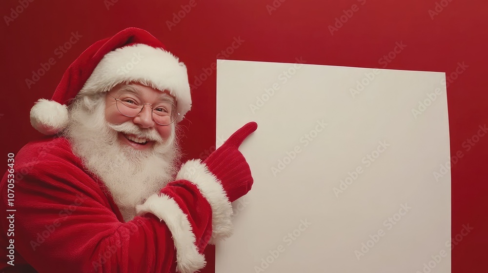 Santa Claus in his red suit, smiling and pointing at a blank white banner with ample space for festive text or advertisement. Santa Claus in his red suit, smiling and pointing at a blank white banner with ample space for festive text or advertisement.