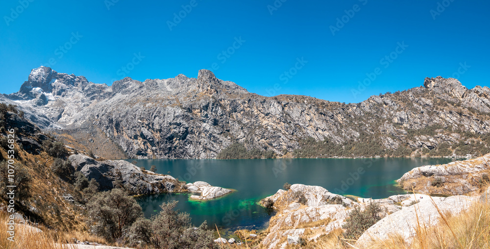 The Churup Lagoon with Turquoise Waters at the Foot of the Snow-Capped Cordillera Blanca is Located in the Huascaran National Park, in Ancash, Peru