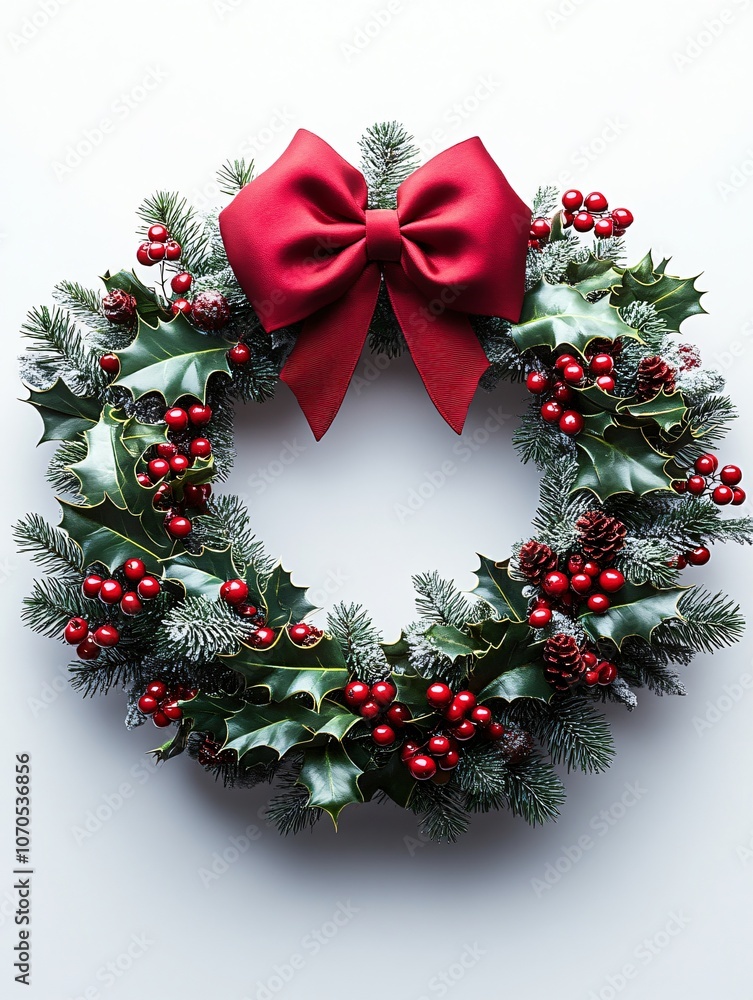 Christmas Wreath with Red Bow and Holly Berries Christmas Wreath with Red Bow and Holly Berries