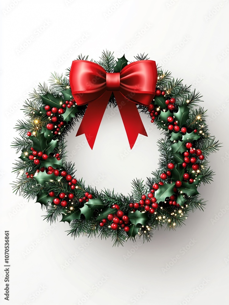Christmas Wreath with Red Bow and Holly Berries Christmas Wreath with Red Bow and Holly Berries