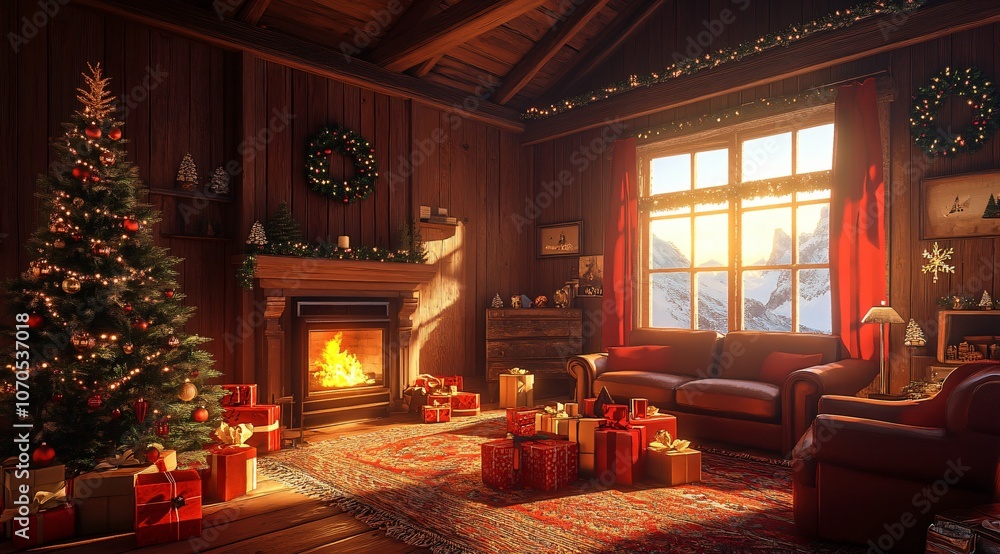 Obraz premium Cozy Christmas Cabin Interior with Fireplace and Mountain View