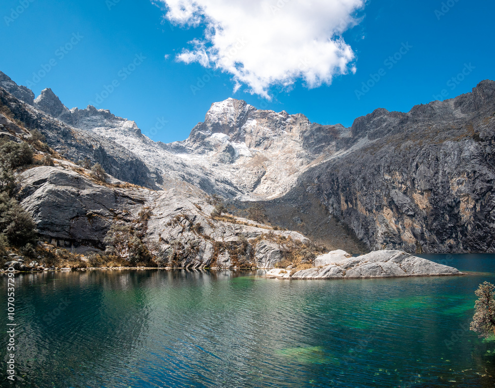 The Churup Lagoon with Turquoise Waters at the Foot of the Snow-Capped Cordillera Blanca is Located in the Huascaran National Park, in Ancash, Peru