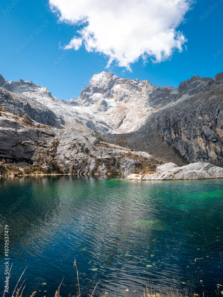 The Churup Lagoon with Turquoise Waters at the Foot of the Snow-Capped Cordillera Blanca is Located in the Huascaran National Park, in Ancash, Peru