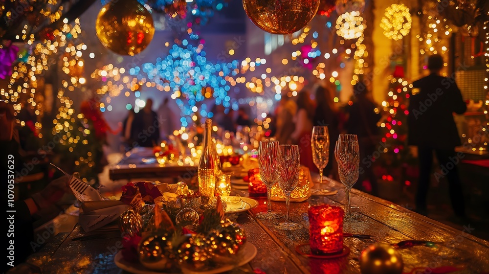 Festive Christmas Dinner Table with Sparkling Lights Festive Christmas Dinner Table with Sparkling Lights