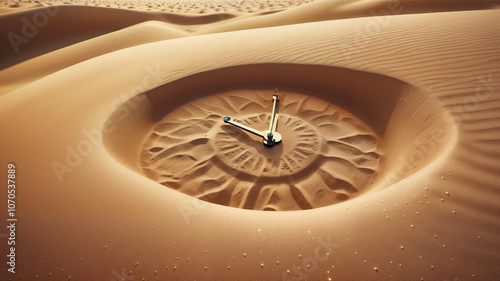 A gold shiny sparkle clock sitting in the sand desert sunny hot sky background backdrop ultra high quality realistic wallpaper 8k hd abstract surreal