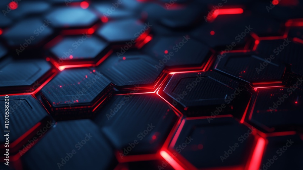 Modern dark hexagonal carbon fiber with red luminous lines and highlights background