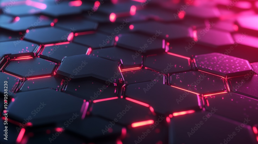 Obraz premium Modern dark hexagonal carbon fiber with red luminous lines and highlights background