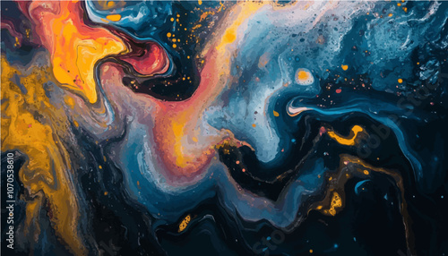 Abstract vector in dark hues of blue, yellow, and pink, evoking the mysteries of the cosmos and space. Ideal for tech or futuristic themes.