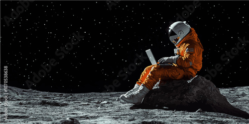 Vector of an astronaut in a spacesuit sitting on the moon, using a laptop, against a vast starry sky. Illustrates solitude and exploration.