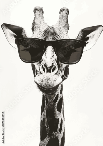 Monochrome vector of a giraffe with sunglasses, exuding a cool and quirky personality. Ideal for humorous and stylish designs.