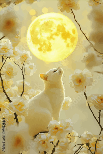 Vector of a white cat in a field of blossoms, gazing up at a golden moon with soft, dreamy lighting. Ideal for fantasy and ethereal themes.