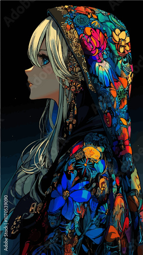 Vector of a woman in a floral and ornate hooded cloak, gazing thoughtfully against a starry background. Mystical and artistic.