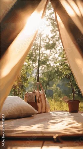 Vector of a serene glamping scene with a warm, sunlit tent interior, embracing simplicity and connection with nature. Ideal for eco-travel.