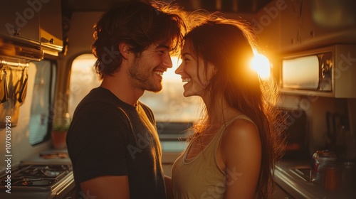 A young couple stands close together in a camper van, smiling at each other as the golden sunlight streams through the window, creating a warm, intimate atmosphere.