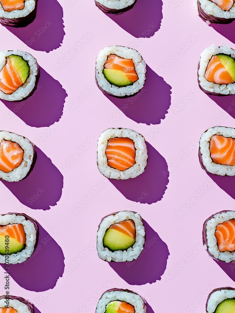 Photo of california sushi roll on a purple table overhead photography Photo of california sushi roll on a purple table overhead photography