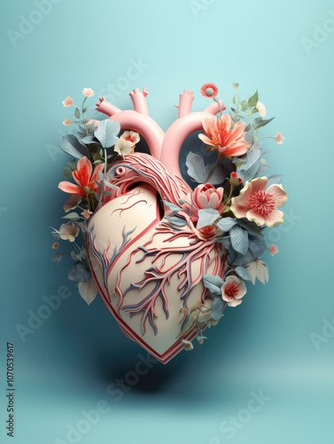 A beautifully crafted heart encircled with flowers, showcasing the intricate connections between love, nature, and artful design. photo