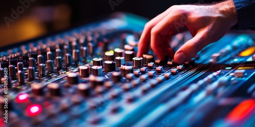 In a recording studio, an audio producer mixes music on a soundboard.  He's making a modern song in a special room designed for recording sound.