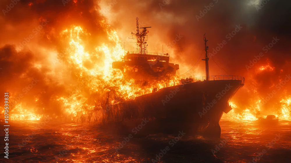 A massive ship engulfed in flames, emitting thick black smoke, against a dark, ominous sky A massive ship engulfed in flames, emitting thick black smoke, against a dark, ominous sky
