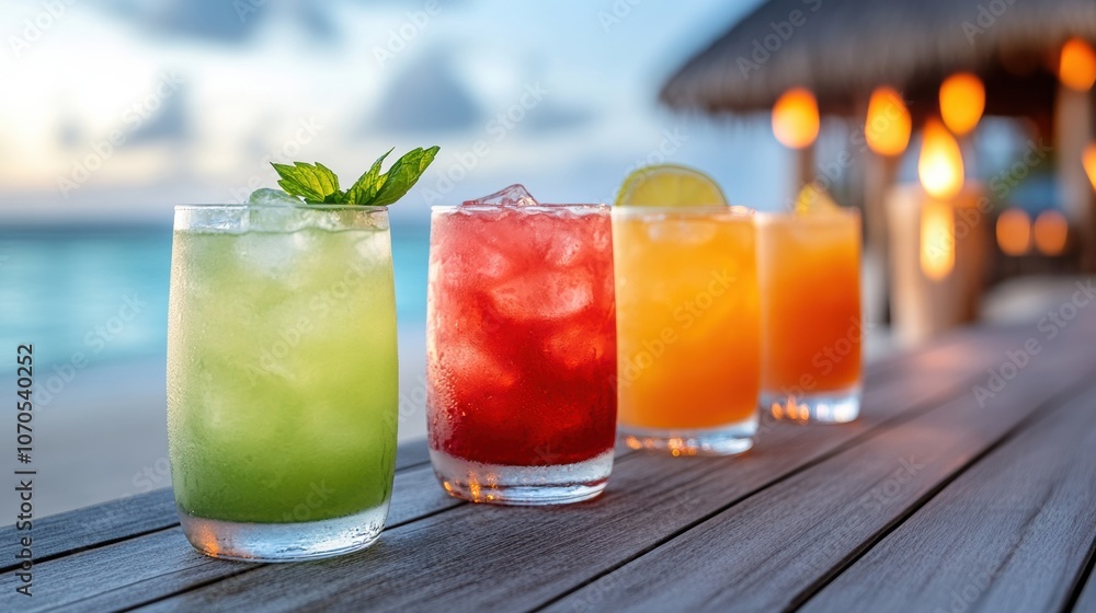 Fototapeta premium Colorful cocktails lined up on a beachside table at sunset, AI