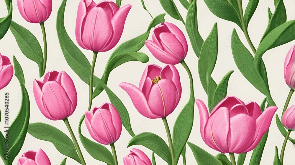 Obraz premium Beautiful pink tulips with green leaves in a vibrant floral pattern design