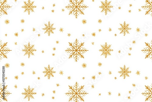 Seamless pattern of gold snowflakes on white background in minimalist, playful style. Cute vector illustration with simple shapes and flat colors.