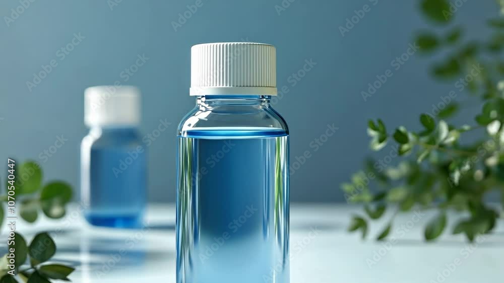 A clear glass bottle filled with a light blue liquid sits on a white ...