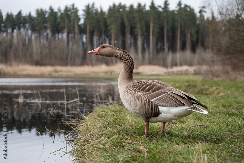 Fototapeta premium A brown goose standing on the grass near a body of water, with a forest in the background