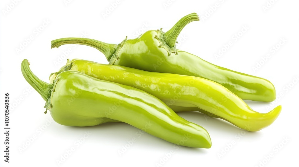 Three green chili peppers arranged on a white background, highlighting their vibrant color. Three green chili peppers arranged on a white background, highlighting their vibrant color.