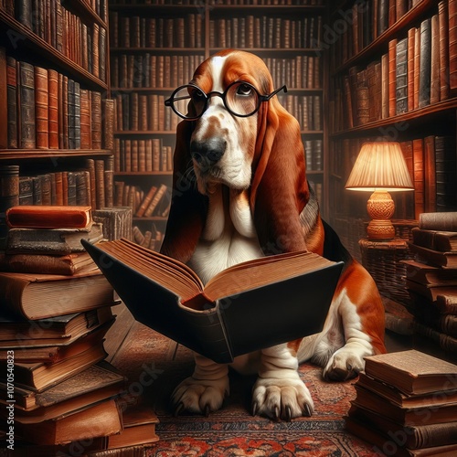 A Basset Hound sitting among bookshelves reading a large open bo photo