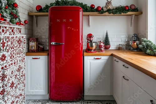 Modern Christmas-themed kitchen with red refrigerator, white cabinets, and wooden countertop. Festive decor on white walls for New Year celebration.