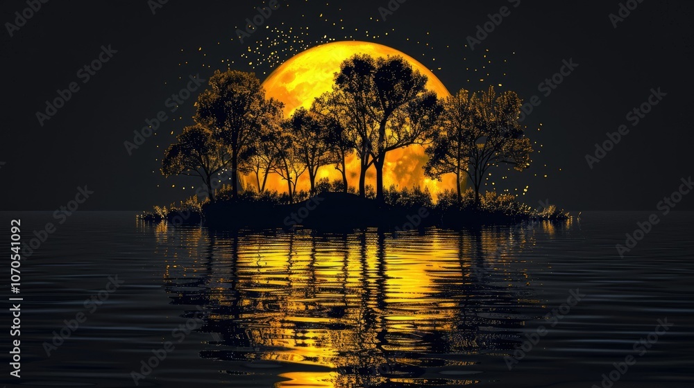 Εκτύπωση καμβά Black and yellow, the moon shines on an island of trees