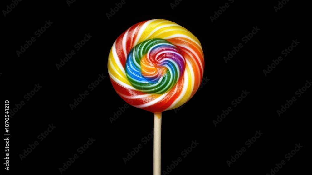 A colorful spiral lollipop on a stick against a black background. A colorful spiral lollipop on a stick against a black background.