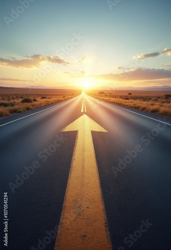 A straight road with an arrow painted on it leading to the horizon, symbolizing goal setting and achievement photo