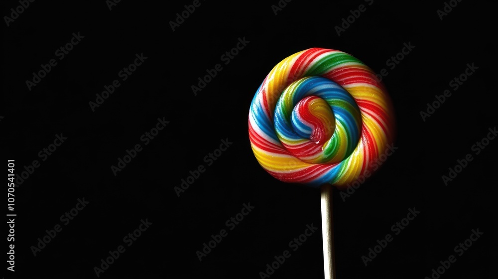 A colorful spiral lollipop against a dark background, highlighting its vibrant design. A colorful spiral lollipop against a dark background, highlighting its vibrant design.