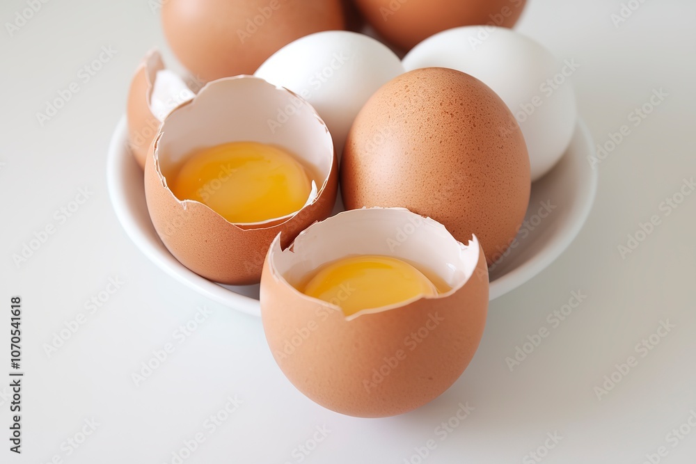 A group of eggs, with one egg cracked open to reveal its yolk A group of eggs, with one egg cracked open to reveal its yolk