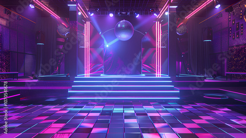 Vibrant purple and blue stage with a disco ball, LED lights, and stairs leading up to the center of an empty circle for dancing. A large square tile floor in front of it is decorated with neon pink