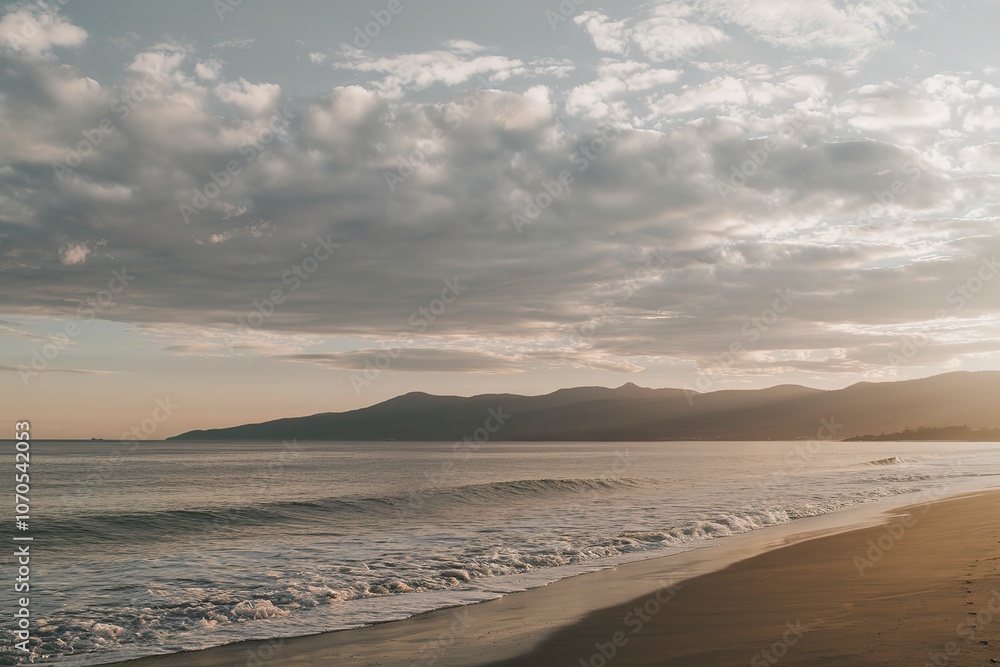 A serene beach scene during what appears to be either dawn or dusk A serene beach scene during what appears to be either dawn or dusk