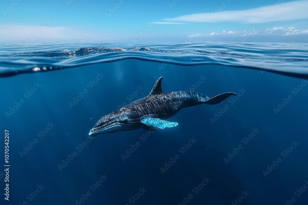 Fototapeta premium Humpback whale swimming gracefully beneath clear blue waters during a sunny day