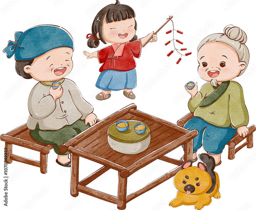 Hand-painted digital illustration of a grandfather and grandchild playing with firecrackers. Hand-painted digital illustration of a grandfather and grandchild playing with firecrackers.