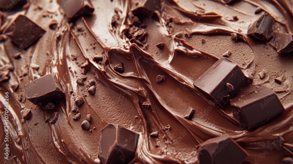 A close-up of rich chocolate frosting with chocolate chunks, perfect for desserts. A close-up of rich chocolate frosting with chocolate chunks, perfect for desserts.
