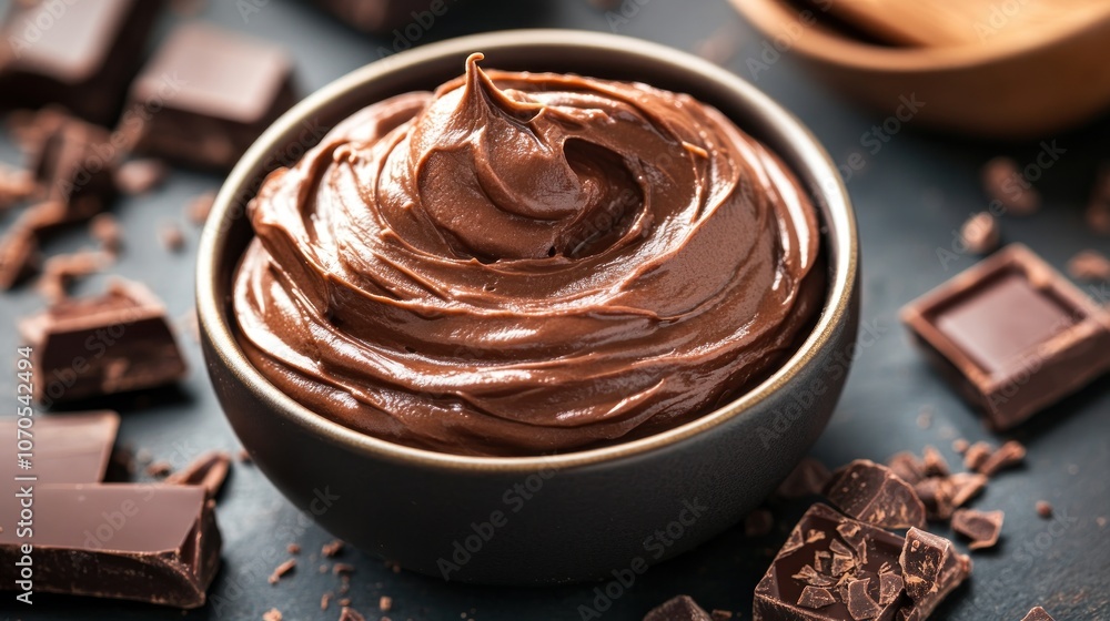 A rich chocolate frosting in a bowl surrounded by chocolate pieces. A rich chocolate frosting in a bowl surrounded by chocolate pieces.