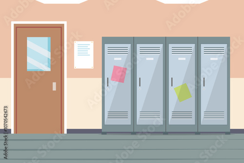Empty school corridor in flat style. Highschool corridor scene. Hallway lockers. Vector stock