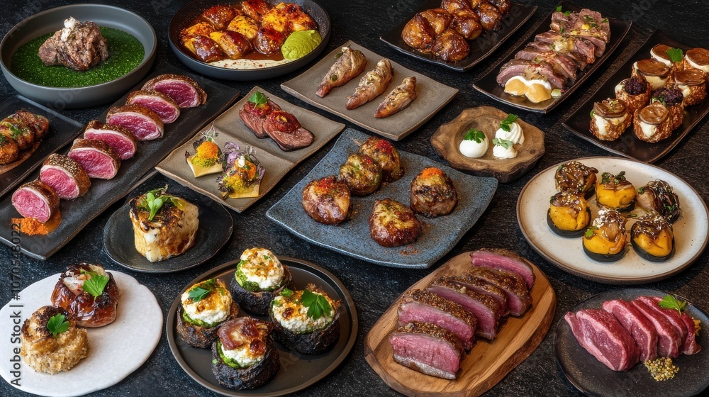 Assorted Gourmet Meat and Seafood Platters on Dark Background Assorted Gourmet Meat and Seafood Platters on Dark Background