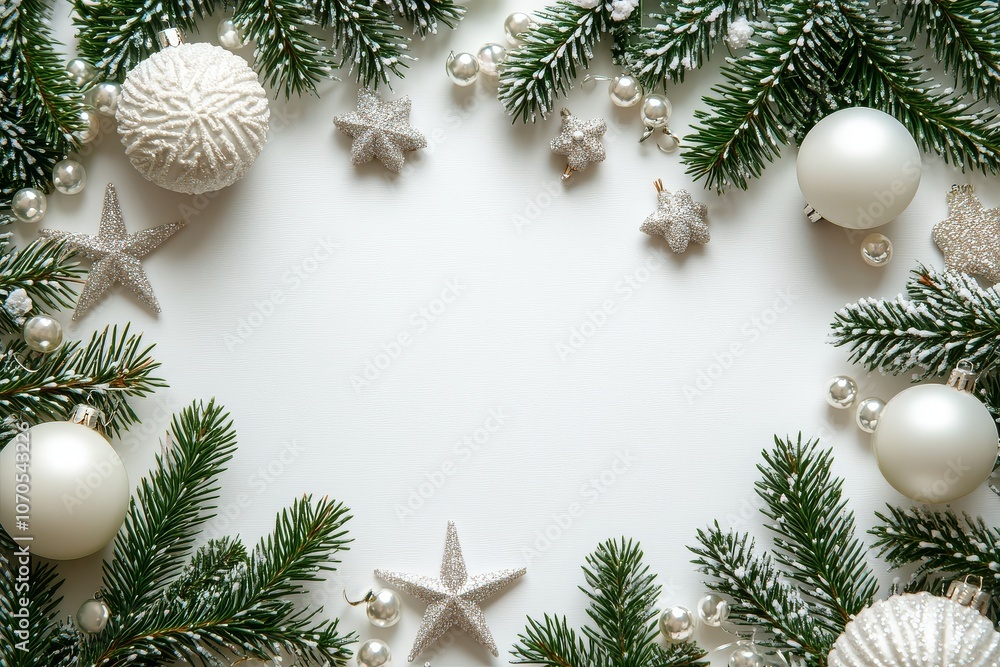 White Christmas decoration background with silver pine branches, stars, and pearls, creating festive frame and empty space for text or design. Ideal winter mockup template. White Christmas decoration background with silver pine branches, stars, and pearls, creating festive frame and empty space for text or design. Ideal winter mockup template.