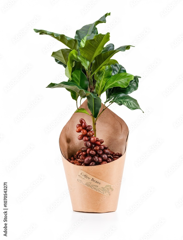 Fototapeta premium Coffee plant tree in paper packaging isolated on white background