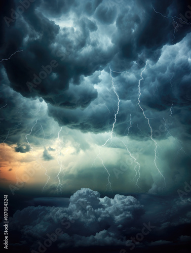 A colorful lightning storm highlights swirling dark clouds in a spectacular burst of natural energy and atmospheric wonder above. photo