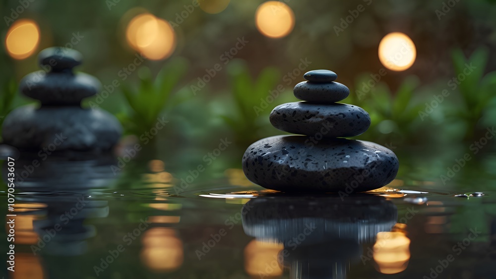 Spa concept with Zen basalt stones with flowers and water steam Spa concept with Zen basalt stones with flowers and water steam