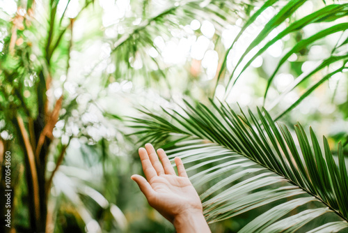 A hand stretches out toward lush green jungle leaves, illustrating a connection with nature and exploration in the forest. photo