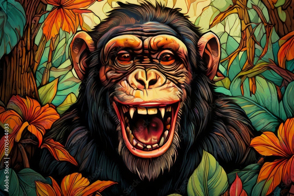 grinning chimpanzee showing teeth jungle canopy above creative a grinning chimpanzee showing teeth jungle canopy above creative a